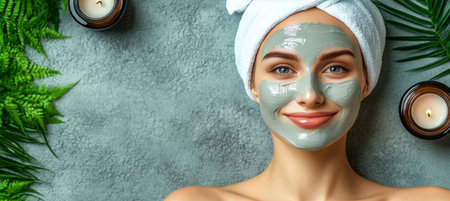Woman Enjoying a Relaxing Spa Facial Treatment with a Clay Mask for Glowing and Fresh Skinの素材