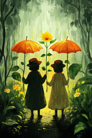 Joyful Children Playing Together Under a Colorful Umbrella on a Rainy Day with Flowers and Natureの素材