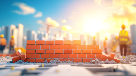 Construction Site Scene with Workers Laying Bricks, Building a Wall, and Enhancing the Structureの素材