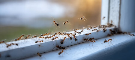 Ants Marching in Formation An Indoor Invasion on a Windowsill, Highlighting Pest Control Challengesの素材