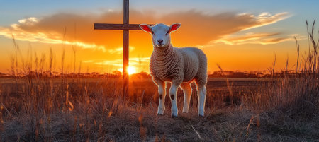 A Beautiful Lamb Standing Peacefully in a Pastoral Landscape Against a Sunset Backdrop with Crossの素材