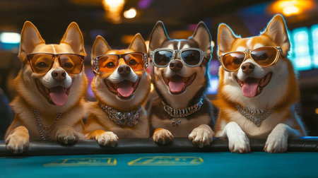 A Group of Playful Dogs Wearing Colorful Sunglasses Gather Around a Casino Table for Fun Gamesの素材
