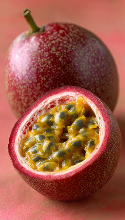 Delicious and Refreshing Purple Passion Fruit Cut Open, Exotic Tropical Fruit Bursting with Seedsの素材