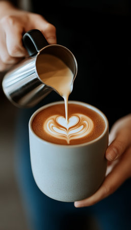 Expert Barista Skillfully Creates Stunning Latte Art with Perfectly Poured Cream Design in Cafの素材