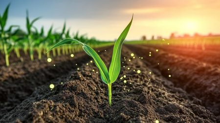 Young maize plant thriving in rich soil, vibrant corn seedling in sunlit agricultural fieldの素材