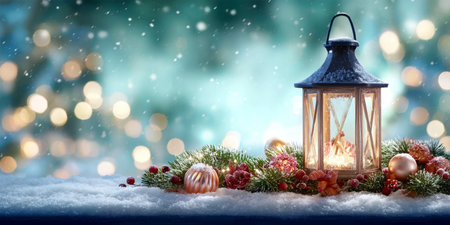 Charming winter decor with a glowing Christmas lantern, nestled in snow and festive ornaments.の素材