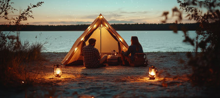 A Romantic Camping Experience Under a Starry Sky by the Lake During a Beautiful Sunset Eveningの素材