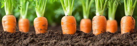 Close-Up of Freshly Harvested Carrots with Green Tops in a Garden Bed, Nutrient-Rich and Deliciousの素材