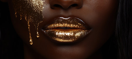 Close Up of Black Female with Shimmering Gold Artistry on Lips, Exuding Elegance and Beautyの素材