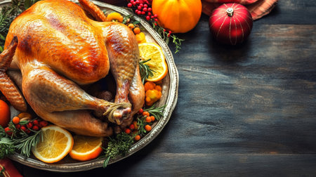 Thanksgiving Celebration with Roasted Turkey and Colorful Seasonal Decor for Family Gatheringsの素材