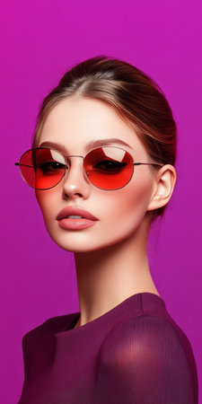 Chic young woman in heart-shaped sunglasses against a serene purple backdrop, showcasing elegance.の素材