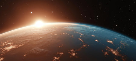 Stunning Sunrise Over Earth from Space Showcasing Continents and Stars Against a Dark Backgroundの素材
