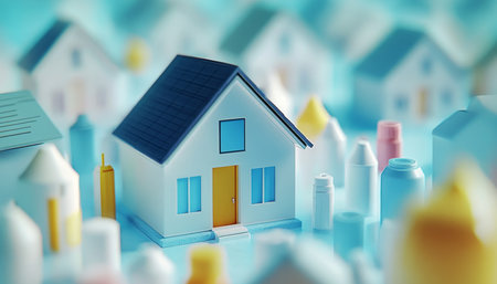 Charming Pastel Colored Home Surrounded by White Structures, Showcasing a Unique Housing Optionの素材
