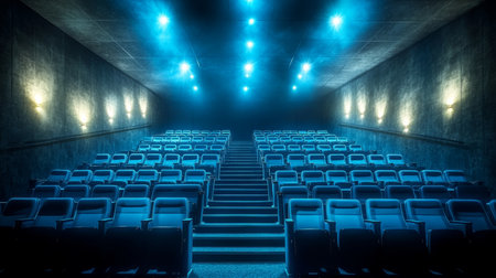 A Spacious Empty Auditorium with Rows of Vacant Seats Under Soft Uplighting, Evoking Isolationの素材