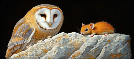 Contrasting Companions A Barn Owl and a Vole on a Textured Rock Against a Dark Backdrop in Natureの素材