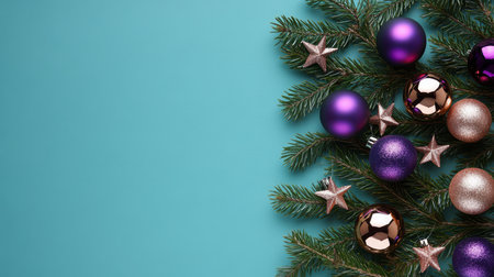 Elegant Christmas Decoration with Violet and Bronze Baubles on Turquoise Background for Cardsの素材