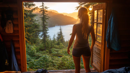 Serene Woman Relaxing at Sunset, Enjoying Nature View from Cozy Log Cabin Doorway by the Lakeの素材