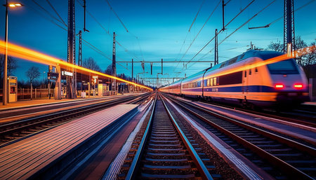 Scenic View of a Fast Train Journey at Dusk A Modern Rail Transport Hub with Motion Blur Effectsの素材