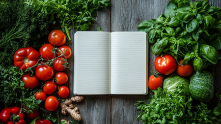 Beautiful Cookbook Mockup Surrounded by Organic Vegetables for Healthy Nutrition Recipes Journalの素材