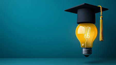 Bright light bulb with a mortarboard symbolizes brilliance and growth in learning and innovation.の素材