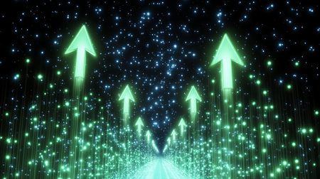Abstract Digital Sky with Sparkling Dots and Glowing Arrows Representing Futuristic Growth Visionの素材
