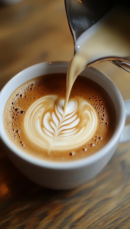 Close-Up of Artfully Poured Latte with Creamy Foam in a Modern Caf Setting for Morning Relaxationの素材