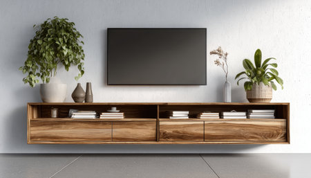Chic Living Room with Modern TV Cabinet, Flat Screen TV, and Lush Decorative Plants for Comfortの素材