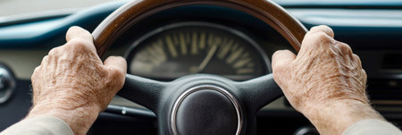 Mature Adult Hands Gripping the Steering Wheel of a Vintage Car During a Scenic Road Trip Adventureの素材