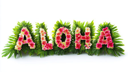 Aloha Floral Typography Design Featuring Vibrant Tropical Flowers and Leaves on White Backgroundの素材