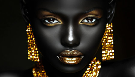 Stunning Portrait of an African Woman Exuding Elegance with Gold Jewelry and Flawless Skin Aestheticの素材