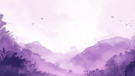 Serene Lavender Watercolor Landscape Featuring Minimalist Mountains and Delicate Trees in Soft Huesの素材