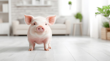 Adorable pink piglet stands curiously in a bright contemporary interior with hardwood flooring.の素材