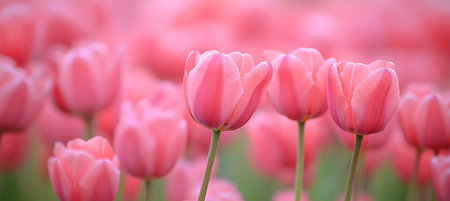 Beautiful Field of Blooming Pink Tulips, Captivating Nature s Colors in Springtime Sunshine Gardenの素材