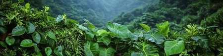 Vibrant and Lush Tropical Jungle Forest Background with Exotic Green Foliage and Abundant Fernsの素材