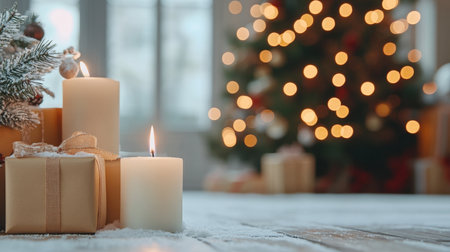 Warm Holiday Scene with Brown Gift Boxes, Elegant Candles, and Sparkling Lights Under Christmas Treeの素材