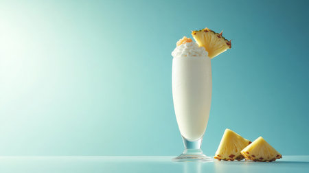 Refreshing Pina Colada Cocktail on a Light Blue Backdrop with Pineapple Garnish and Creamy Textureの素材