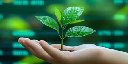 Tender Green Plant Thriving in a Gentle Hand Surrounded by Vibrant Foliage and Data Chart Backgroundの素材