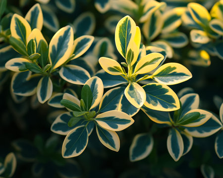 Close-Up of Sun-Kissed Emerald Leaves with Golden Edges on a Beautiful Ornamental Plant Shrubの素材