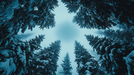 Majestic winter scene with tall coniferous fir trees covered in snow, capturing serene beauty.の素材