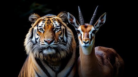 Dramatic Eye-Level Portrait of a Majestic Tiger and Graceful Gazelle on a Deep Black Backgroundの素材