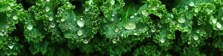 Lush Green Kale Leaves Glistening with Morning Dew in a Vibrant Garden Setting Ready for Harvestの素材