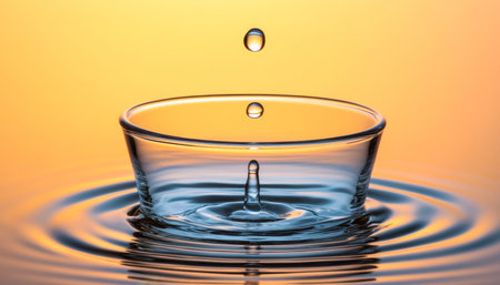 Water Droplet Impact Creating Beautiful Ripples in a Glass, Artistic Light Reflection and Spaceの素材