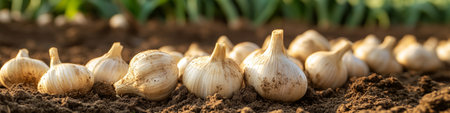 Close-Up of Fresh Garlic Harvest in Organic Garden, Showcasing Healthy Vegetable Cultivationの素材
