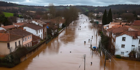 Severe Flooding in European Town Homes Submerged and Streets Transformed by Devastating Rainfallの素材