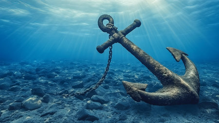 Sunlight Illuminates a Lost Anchor on the Ocean Floor, a Relic of Nautical History and Adventureの素材