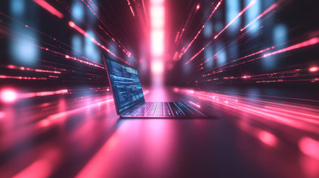 Illuminated Laptop Display Surrounded by Dynamic Red Light Streaks in a Modern Workspace Settingの素材