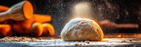 Artisan Baking Preparation Close-Up of Dough Ball with Flour, Homemade Bread Crafting Processの素材