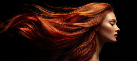 Stunning Portrait of a Beautiful Woman with Long Auburn Hair, Radiating Elegance on Black Backgroundの素材