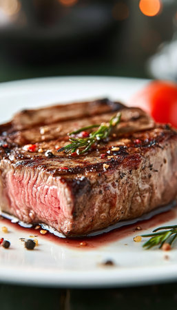 Deliciously Grilled Steak on a Ceramic Plate Garnished with Fresh Herbs and Vibrant Cherry Tomatoesの素材