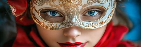 Sensual Woman at Masquerade Party Wearing Ornate Venetian Mask, Captivating Gaze, Vintage Styleの素材